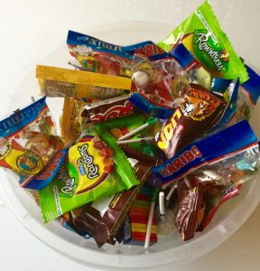 A bowl of various English sweets ready to be handed out at Halloween.