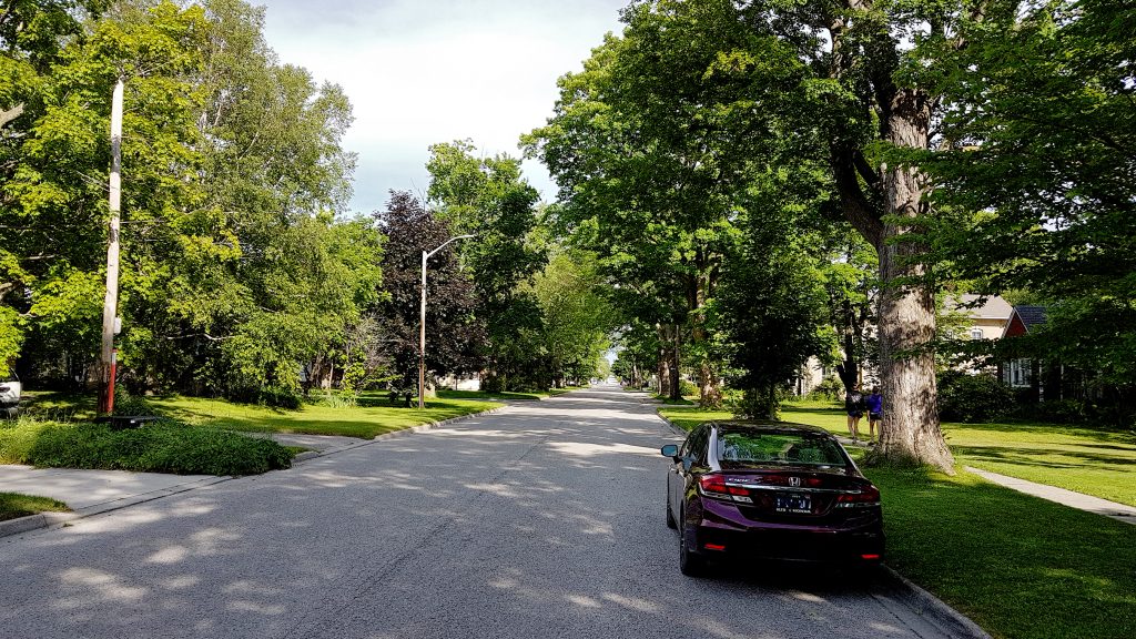 A broad tree-lined residential street with lawns and detached homes in Port Elgin, Ontario