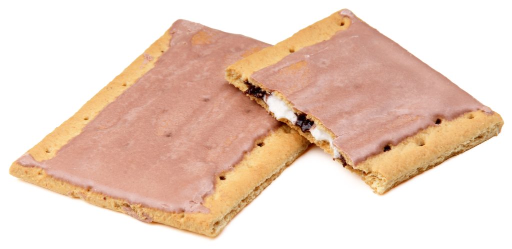 Two iced s'mores toaster pastries, one opened to show dark and white filling