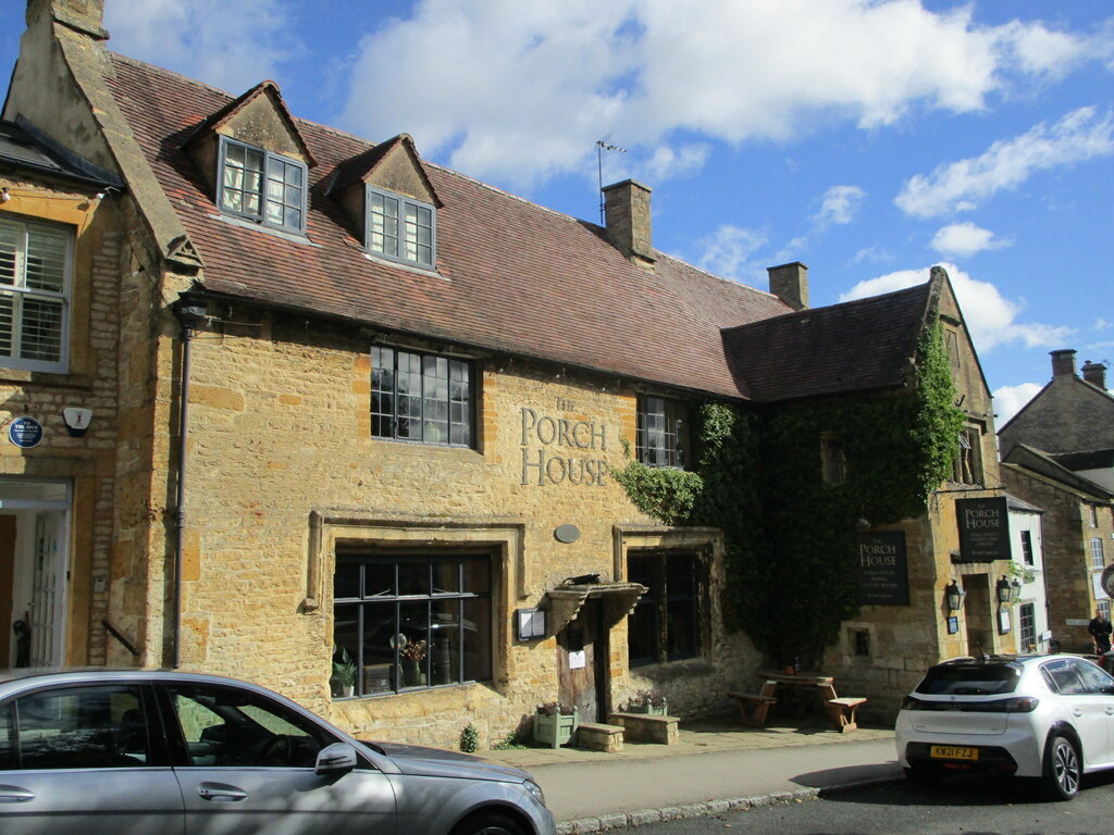 The stone frontage of the Porch House in Stow-on-the-Wold, with its name visible on the wall