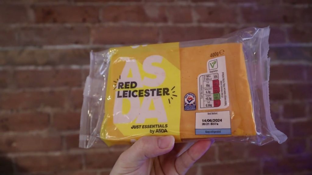 ASDA Just Essentials Red Leicester cheese block with yellow label and 400g weight