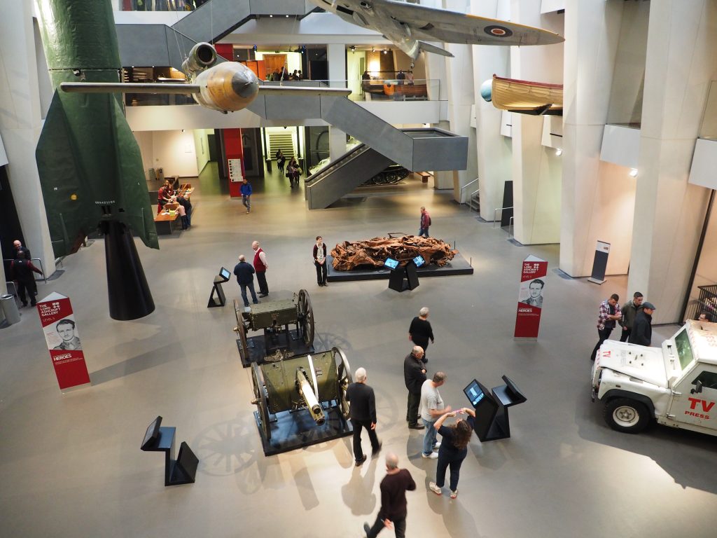 Large vehicles and suspended aircraft in the Imperial War Museum atrium