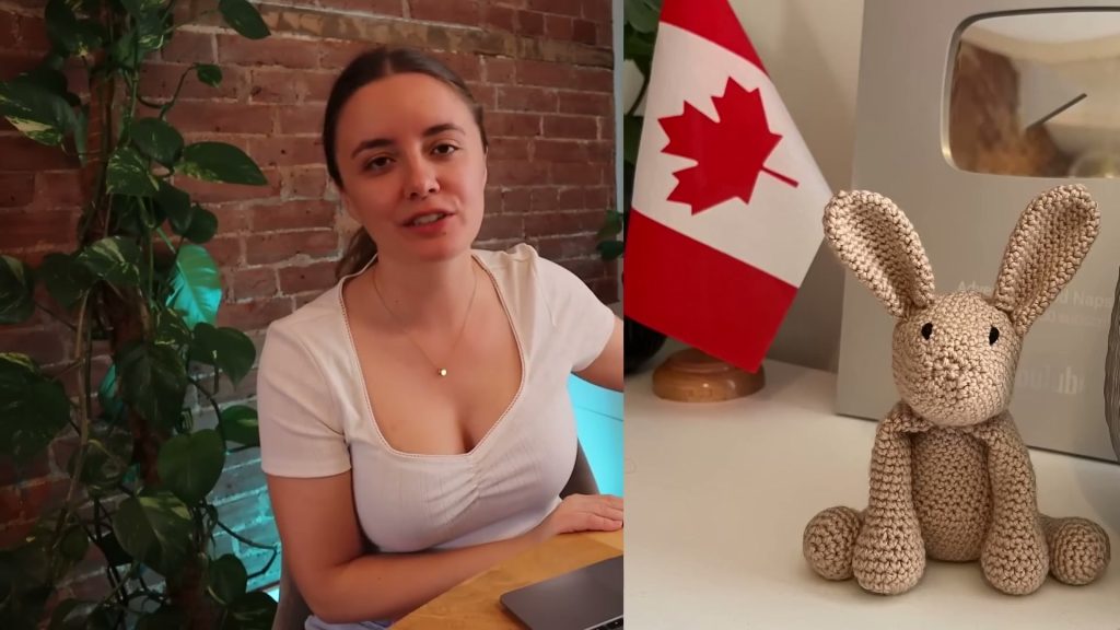 Alanna beside a close view of her handmade crocheted animal