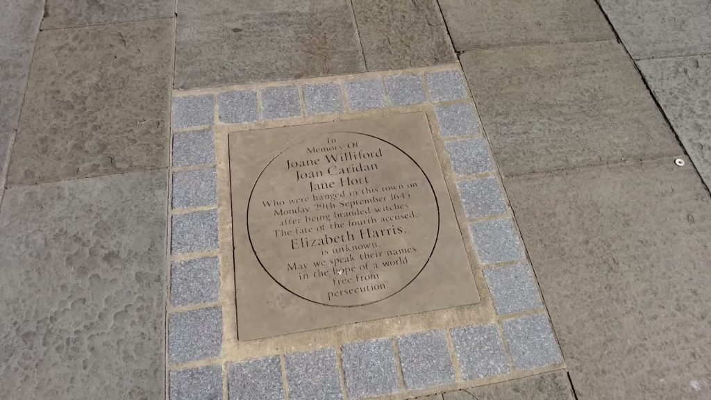 Stone memorial in Faversham naming women accused of witchcraft in 1645.